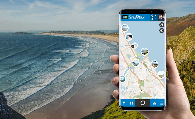 CoastSnap smartphone app with coast background